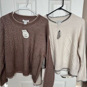 Rachel Zoe Two-Tone Cable Knit Crewneck Sweaters in Brown and Cream